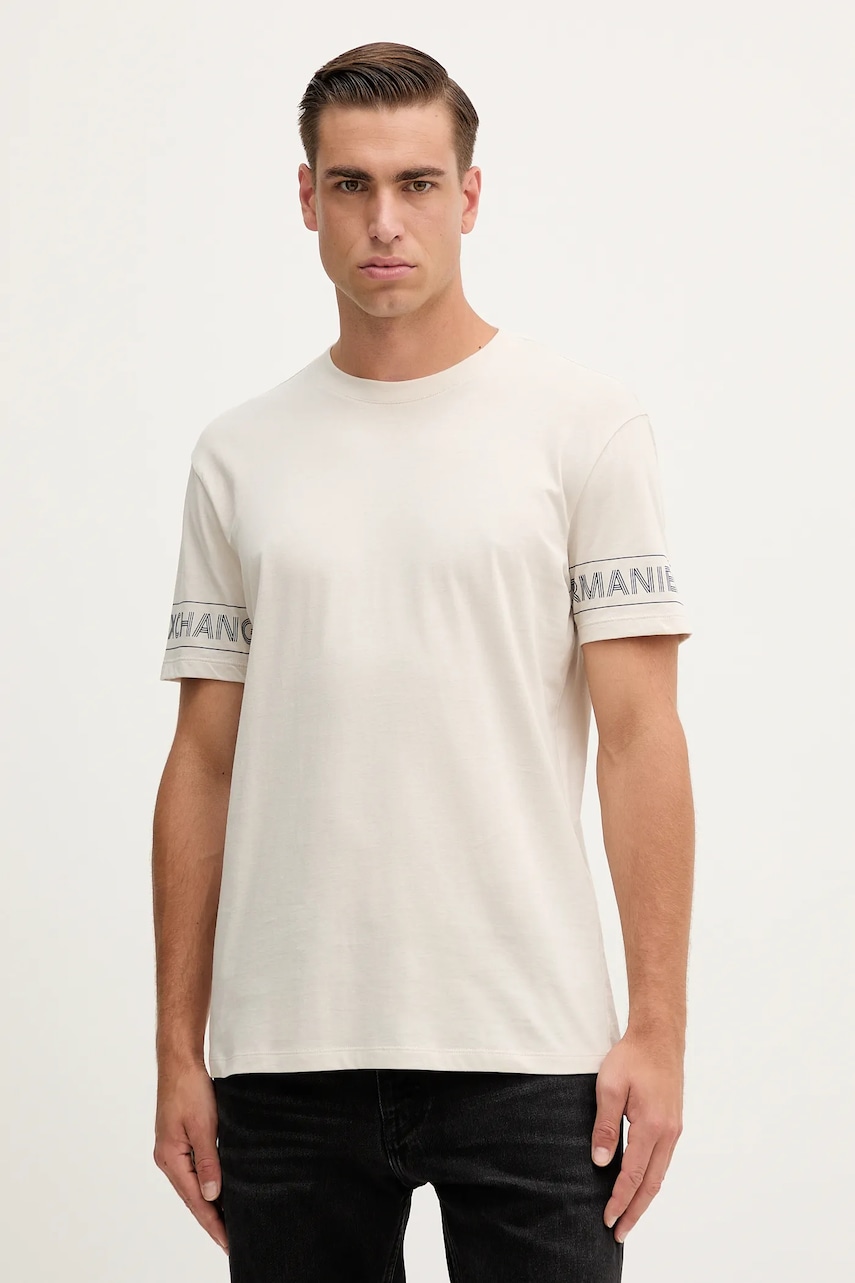 Armani Exchange tricou din bumbac culoarea bej, cu imprimeu, XM001437 AF10356