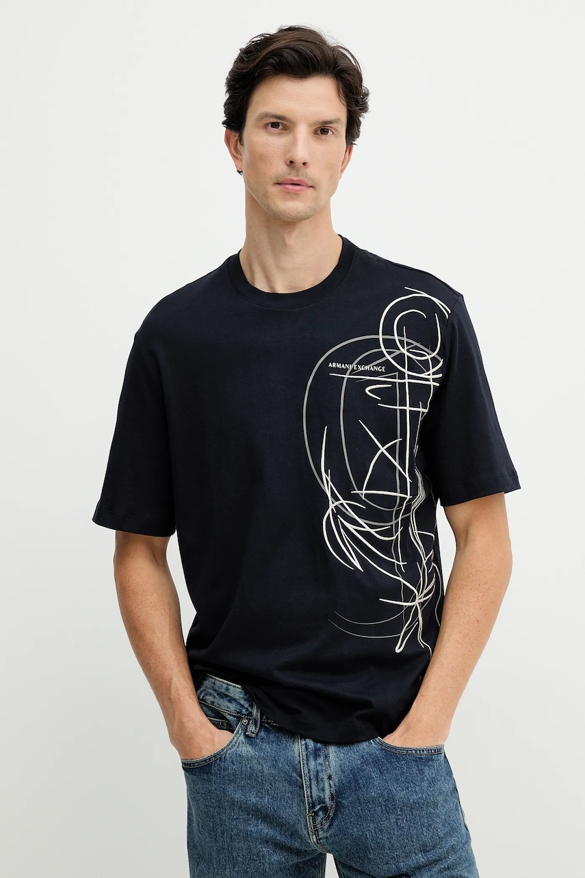 Armani Exchange tricou din bumbac culoarea bleumarin, cu imprimeu, XM001441 AF10362