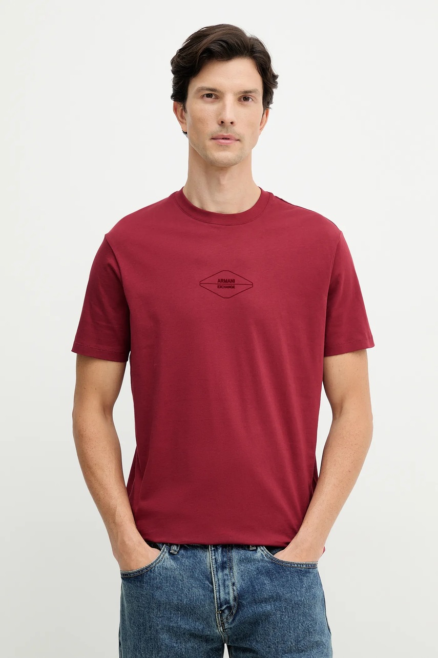 Armani Exchange tricou din bumbac culoarea bordo, cu imprimeu, XM001442 AF10358