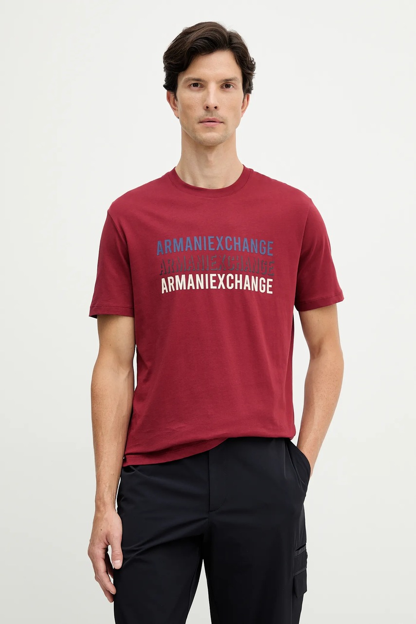 Levně Tričko Armani Exchange pánské, vínová barva, s aplikací, XM001444 AF10358
