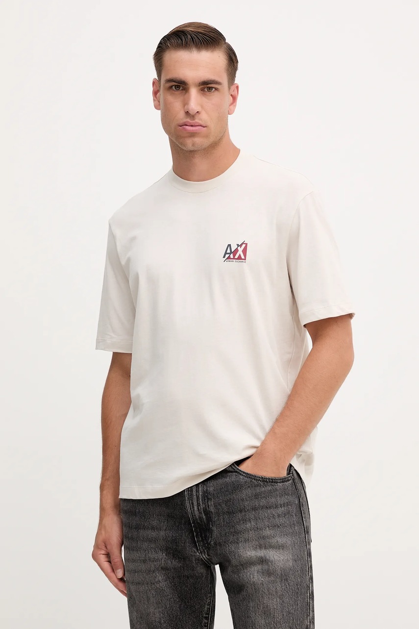Levně Bavlněné tričko Armani Exchange pánské, béžová barva, s potiskem, XM001451 AF10356