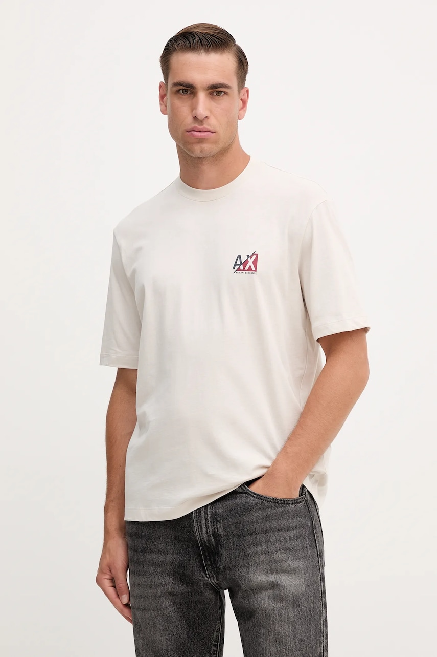 Armani Exchange tricou din bumbac culoarea bej, cu imprimeu, XM001451 AF10356