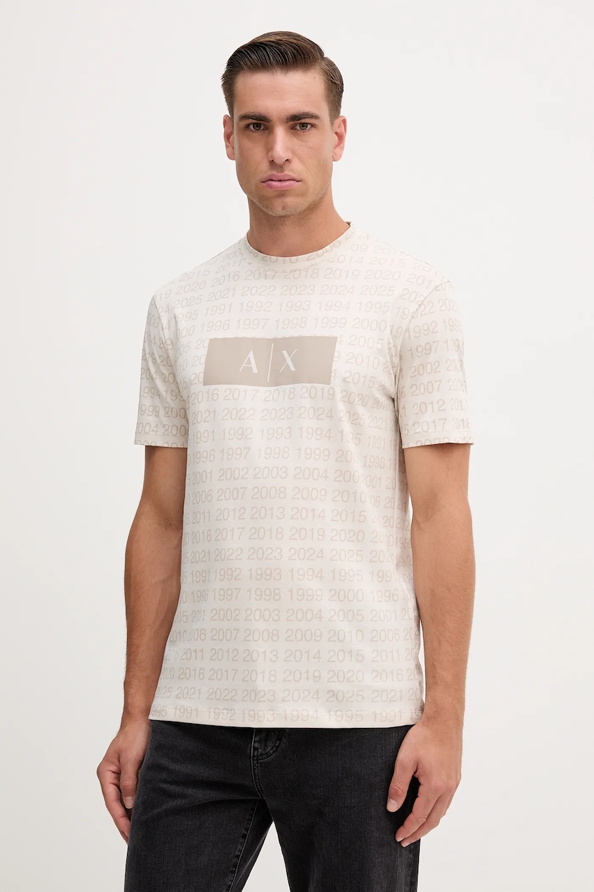 Armani Exchange tricou din bumbac culoarea bej, cu imprimeu, XM001902 AF10356