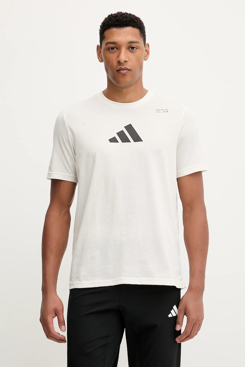 adidas Performance tricou de antrenament Category Training Graphic culoarea bej, cu imprimeu, JM8976