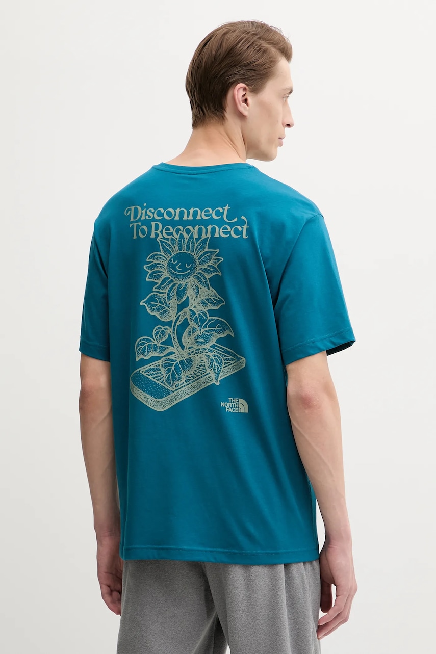 The North Face tricou din bumbac Connect Relaxed culoarea turcoaz, cu imprimeu, NF0A8E3YBSI1
