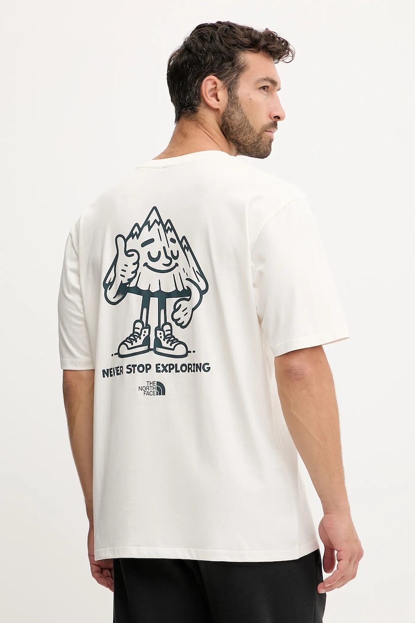 The North Face tricou din bumbac Mountain Fun culoarea bej, cu imprimeu, NF0A8F2NQLI1