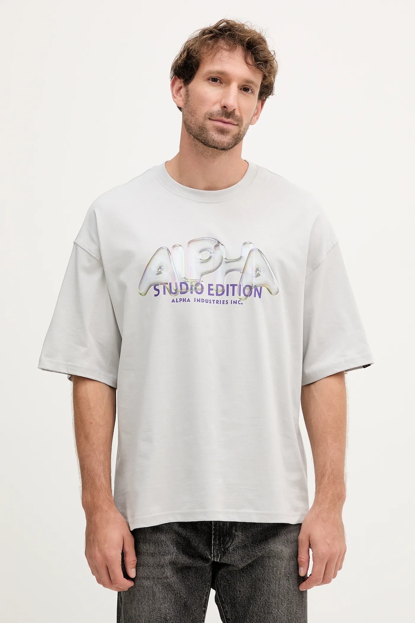 Levně Bavlněné tričko Alpha Industries pánské, šedá barva, s potiskem, 156551.666