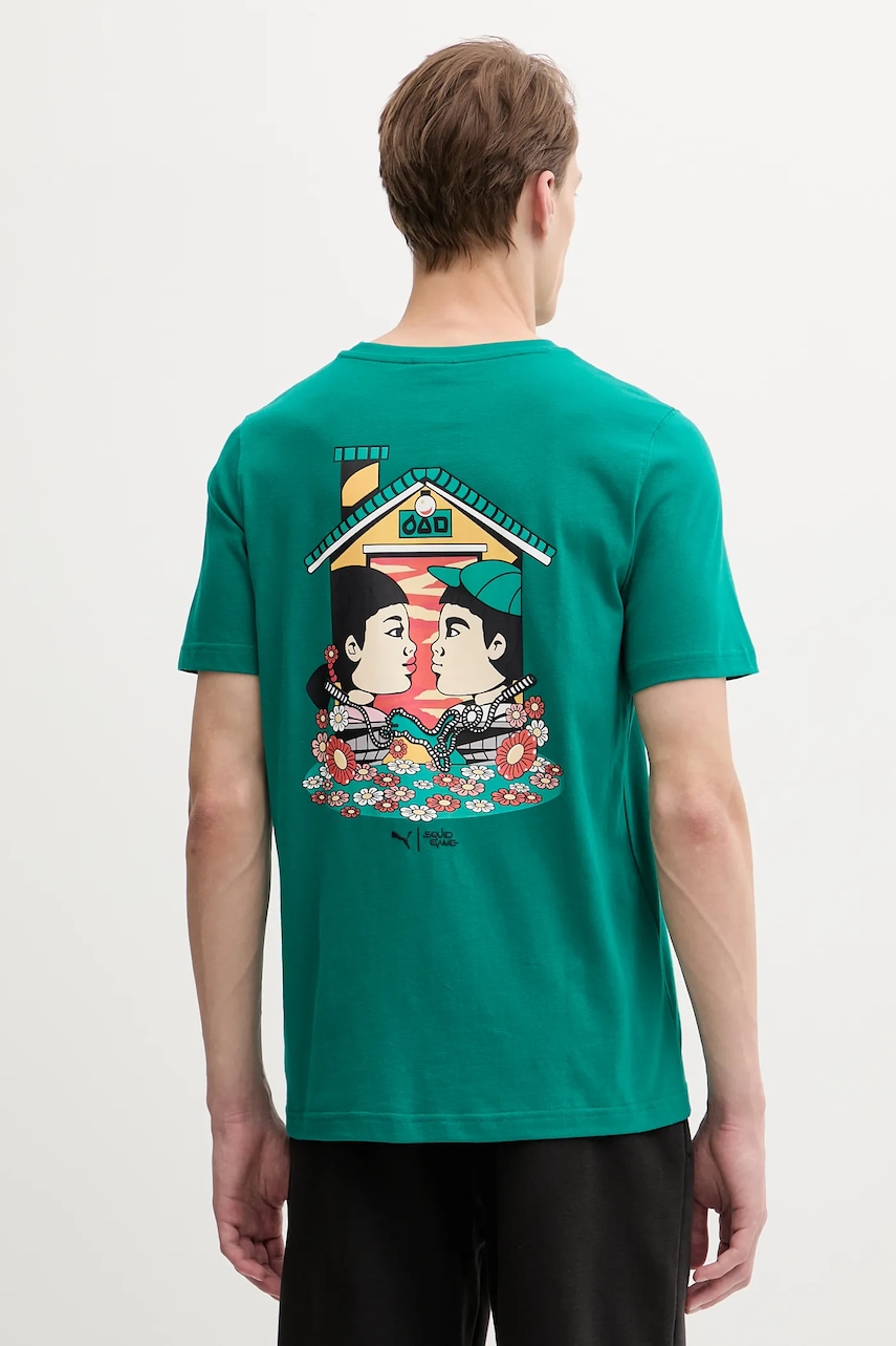 Puma tricou din bumbac PUMA x SQUID GAME culoarea verde, cu imprimeu, 630706 Puma tricou din bumbac PUMA x SQUID GAME culoarea verde, cu imprimeu, 630706