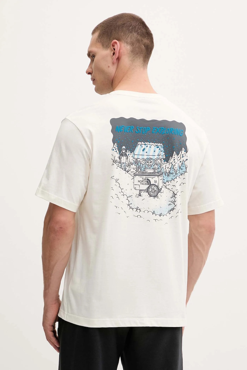 The North Face tricou din bumbac Powder Days culoarea bej, cu imprimeu, NF0A8E4DQLI1