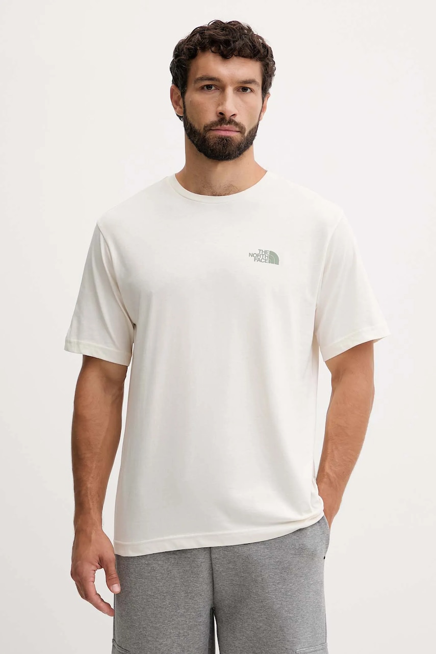 The North Face tricou din bumbac culoarea bej, cu imprimeu, NF0A8E4EQLI1
