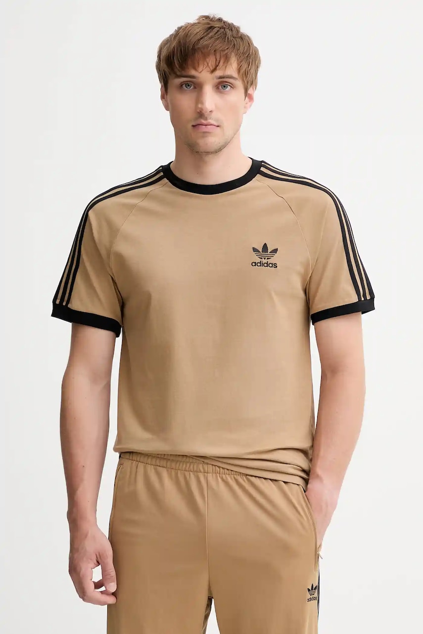 Levně Bavlněné tričko adidas Originals 3-Stripes Tee pánské, béžová barva, s aplikací, JY1370
