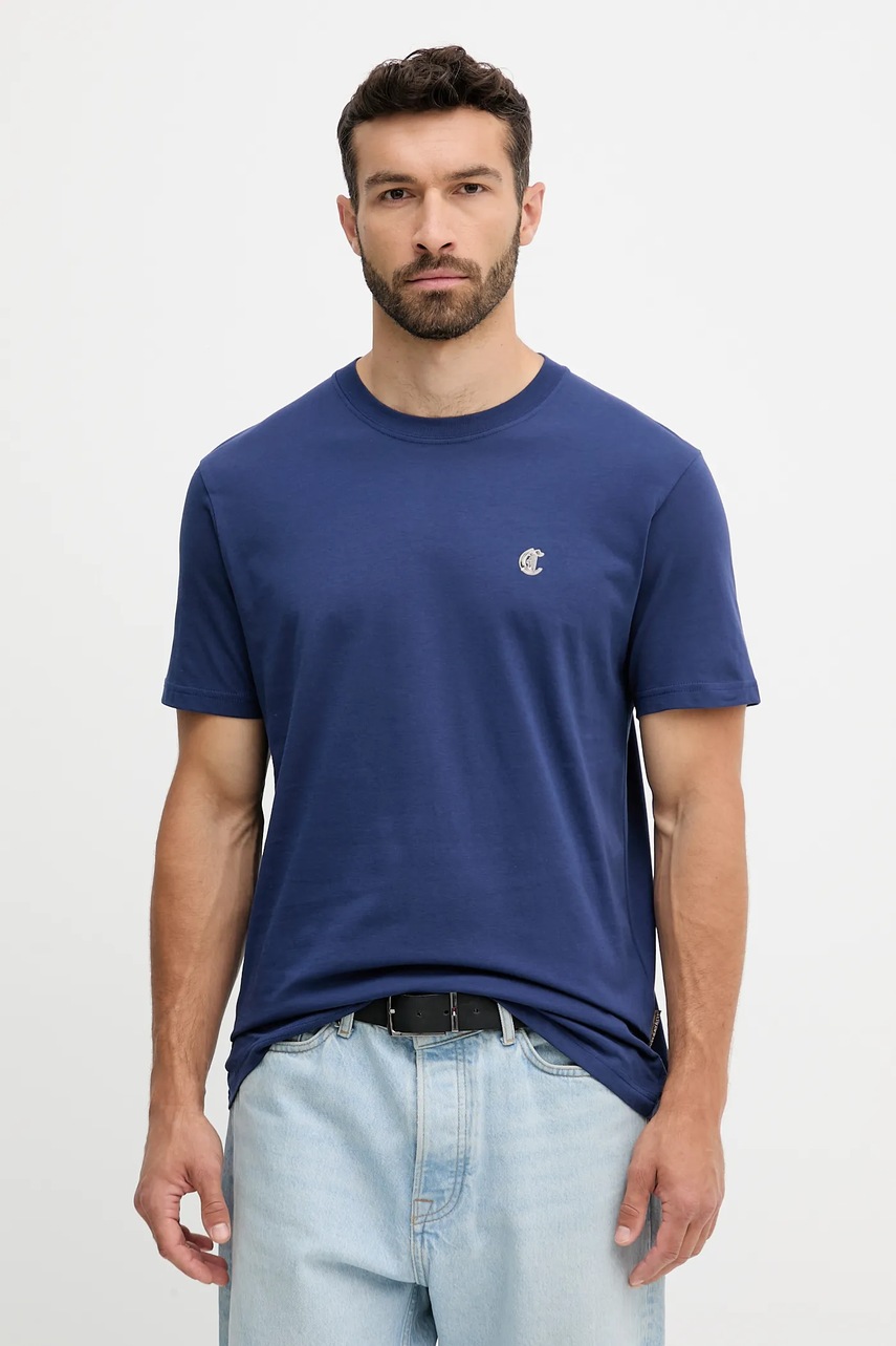 Just Cavalli tricou din bumbac culoarea bleumarin, uni, 79OAHT06 CJ500