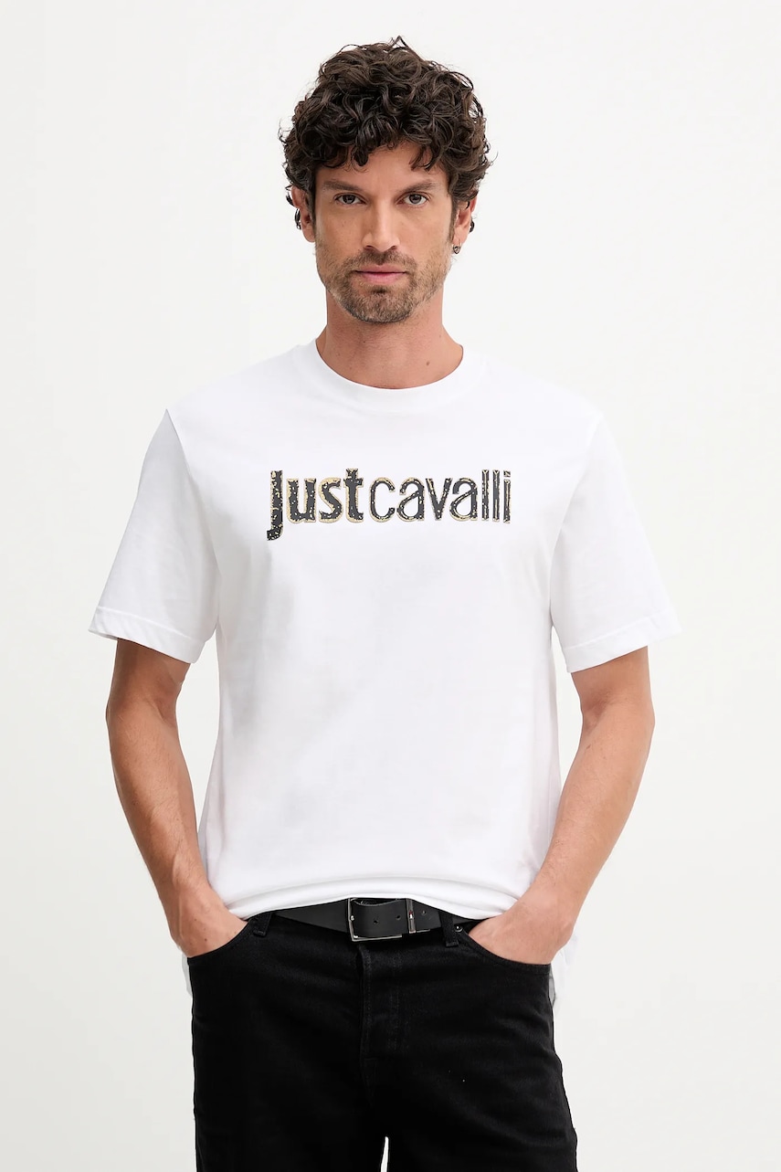 Just Cavalli tricou din bumbac culoarea alb, cu imprimeu, 79OAHT16 CJ500