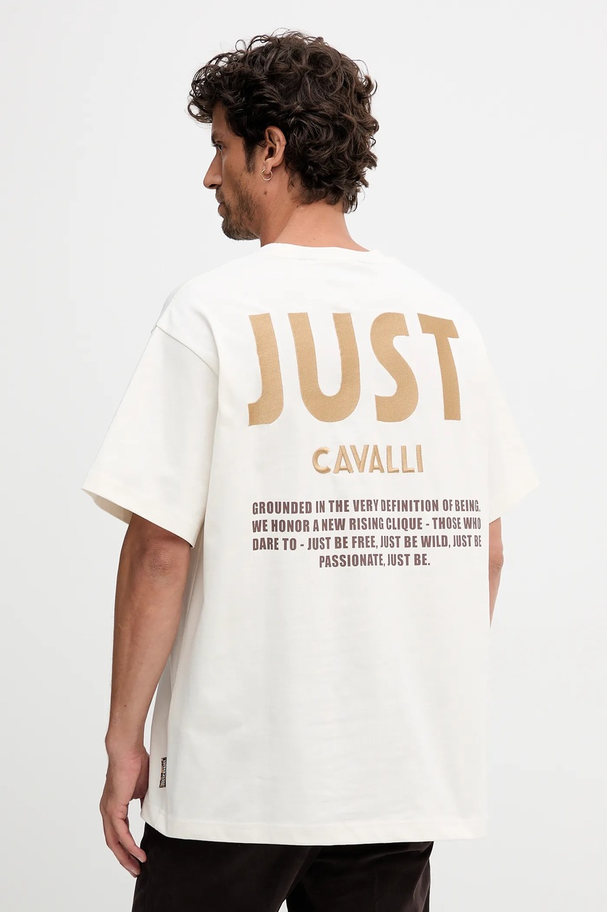Just Cavalli tricou din bumbac culoarea bej, cu imprimeu, 79OAHT17 CJ518