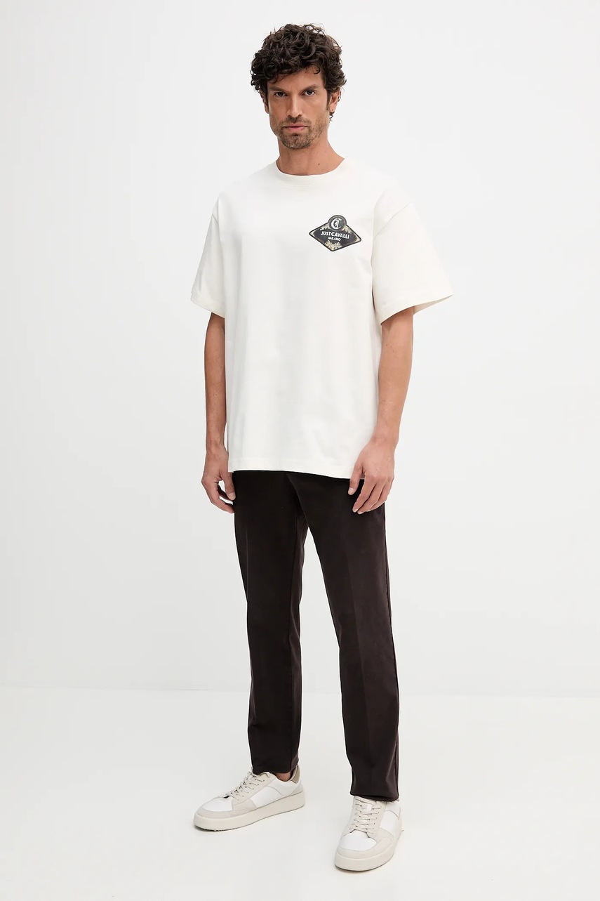 Хлопковая футболка Just Cavalli цвет бежевый с принтом 79OAHT17 CJ518