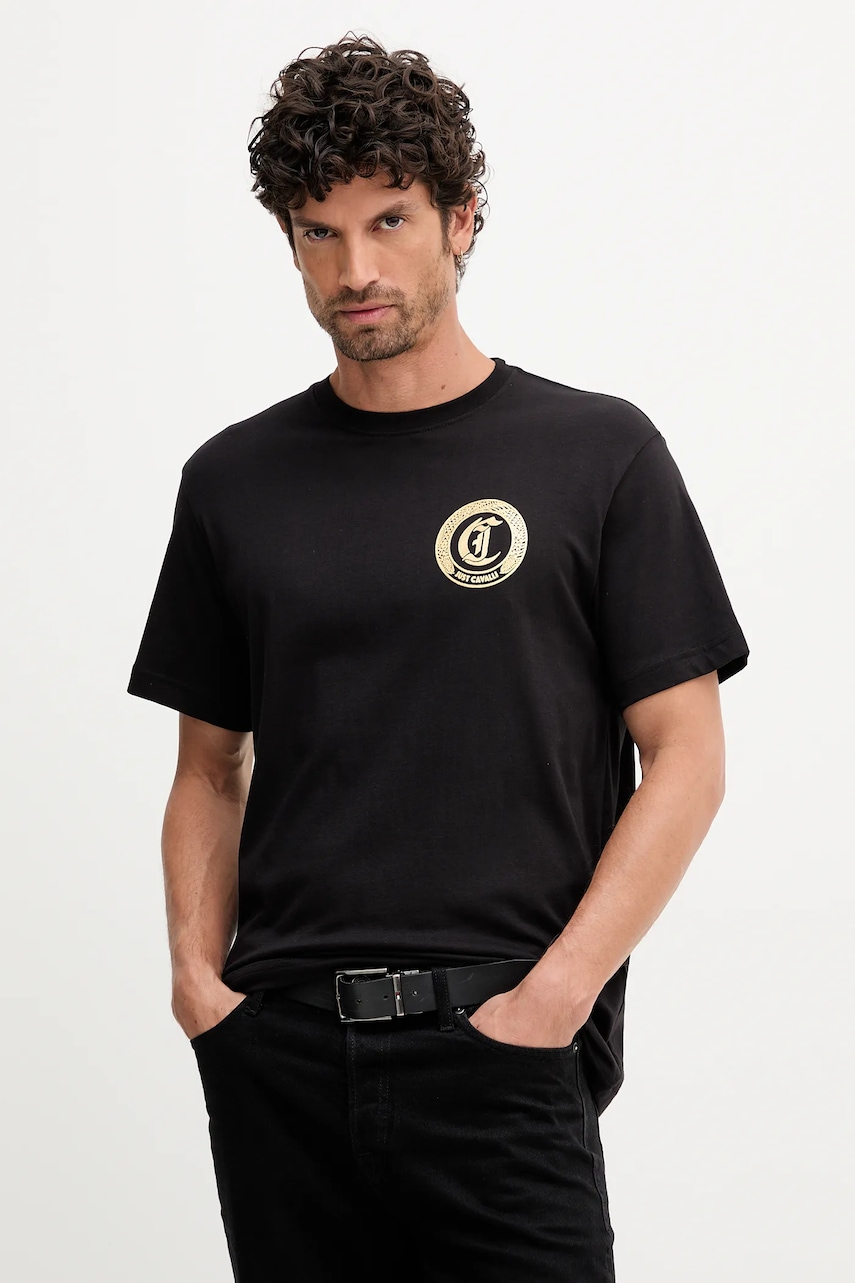 Just Cavalli tricou din bumbac culoarea negru, cu imprimeu, 79OAHT11 CJ500