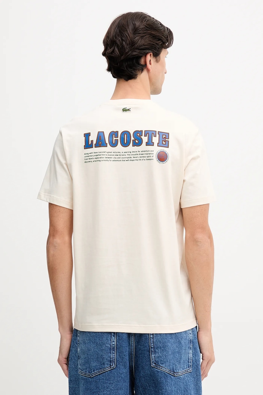 Lacoste tricou din bumbac culoarea bej, cu imprimeu, TH5903