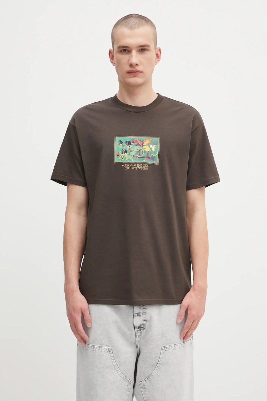Carhartt WIP tricou din bumbac S/S Cream Of The Crop culoarea maro, cu imprimeu, I035192.2ZWXX