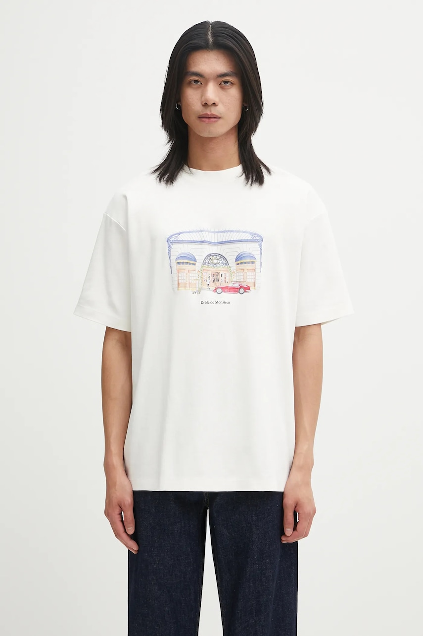 Drôle de Monsieur tricou din bumbac Le T-shirt DrUle Palace culoarea bej, cu imprimeu, I.TS285.CO002