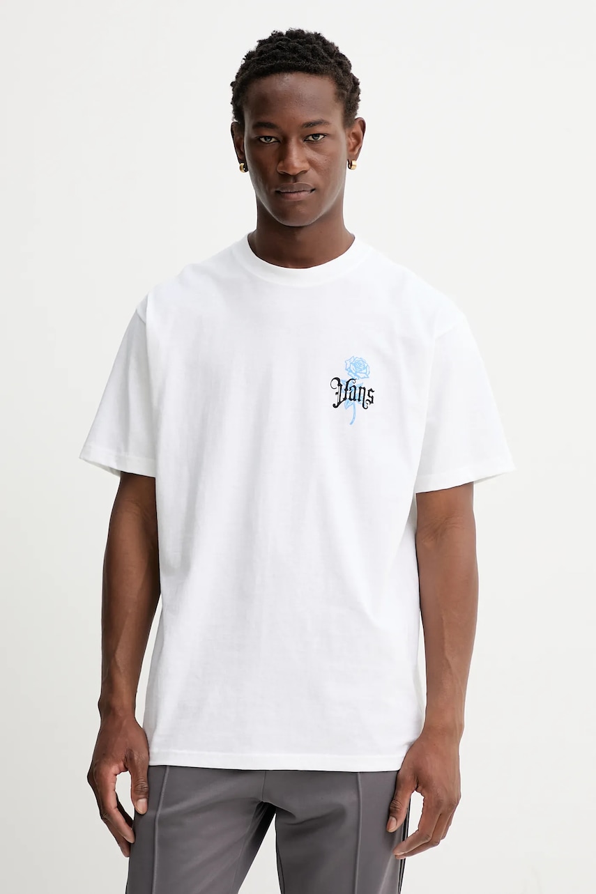 Vans tricou din bumbac culoarea alb, cu imprimeu, VN000PCHWHT1