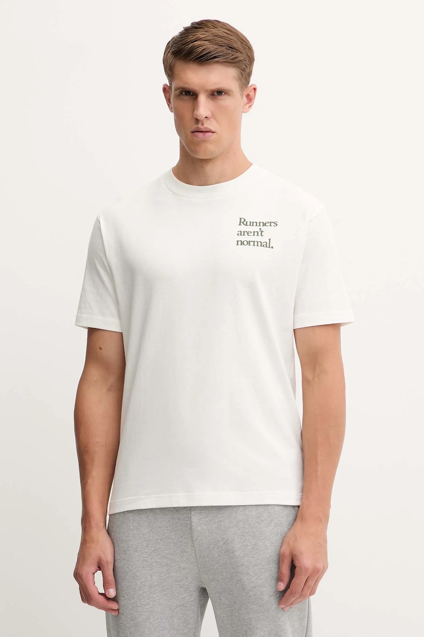 Levně Bavlněné tričko New Balance pánské, béžová barva, s potiskem, MT53921SST