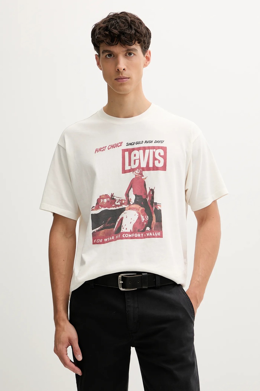 Levně Bavlněné tričko Levi's pánské, béžová barva, s potiskem, 87373