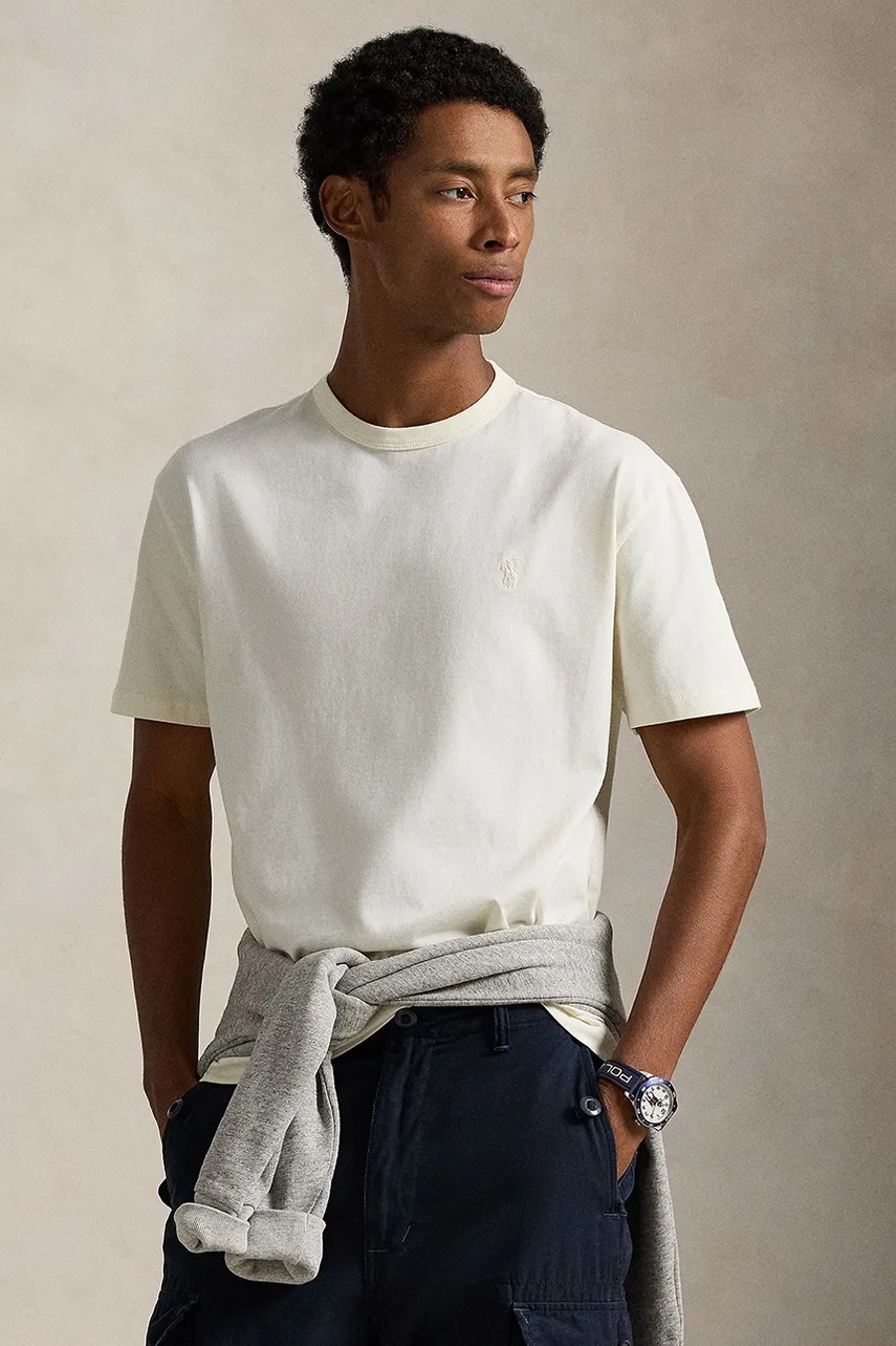 Levně Bavlněné tričko Polo Ralph Lauren pánské, béžová barva, 710P07548