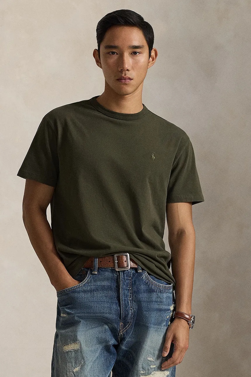 Levně Bavlněné tričko Polo Ralph Lauren pánské, zelená barva, 710P07548