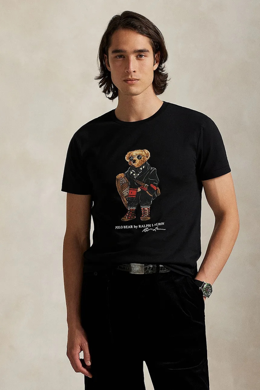 Levně Bavlněné tričko Polo Ralph Lauren pánské, černá barva, s potiskem, 710P00094