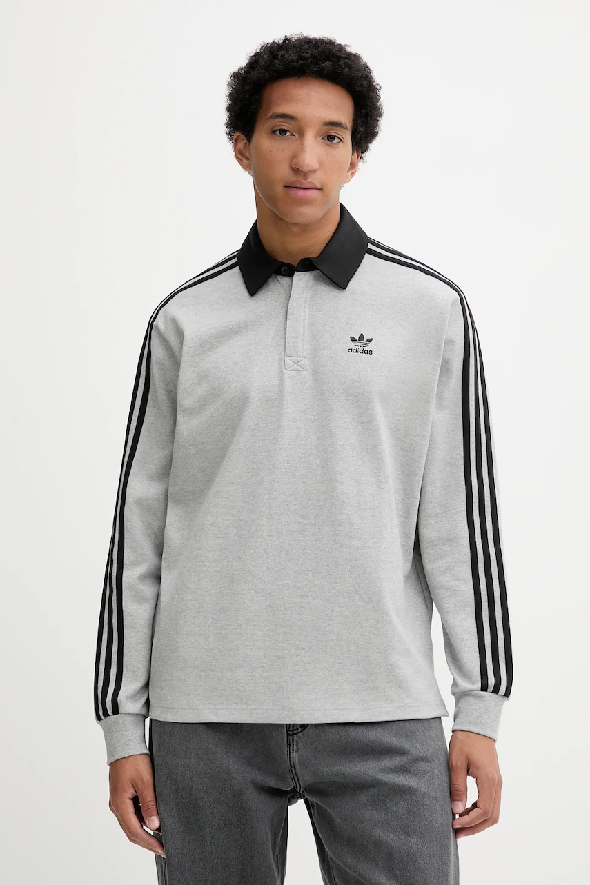 adidas Originals longsleeve din bumbac Rugby Polo culoarea gri, cu imprimeu, JY1399
