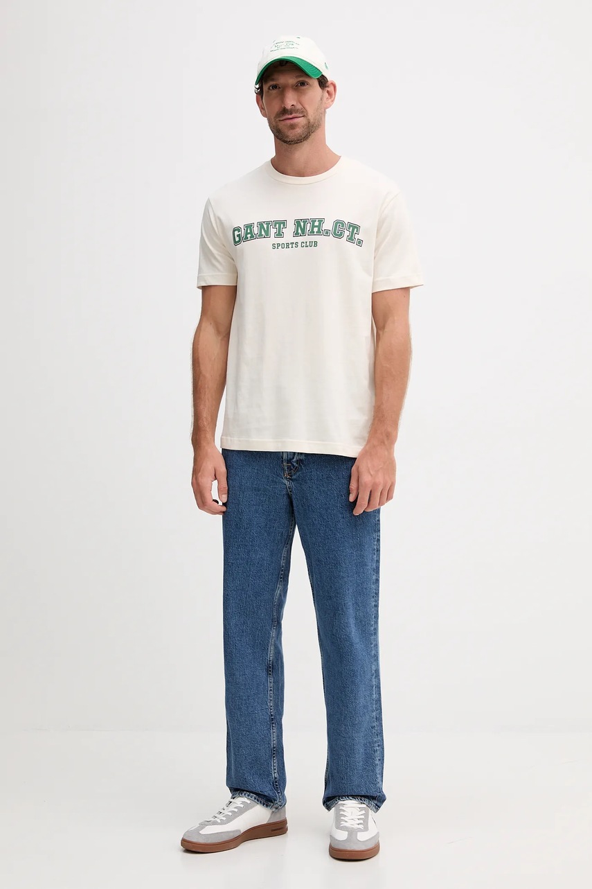 Хлопковая футболка Gant цвет бежевый с принтом 2003345