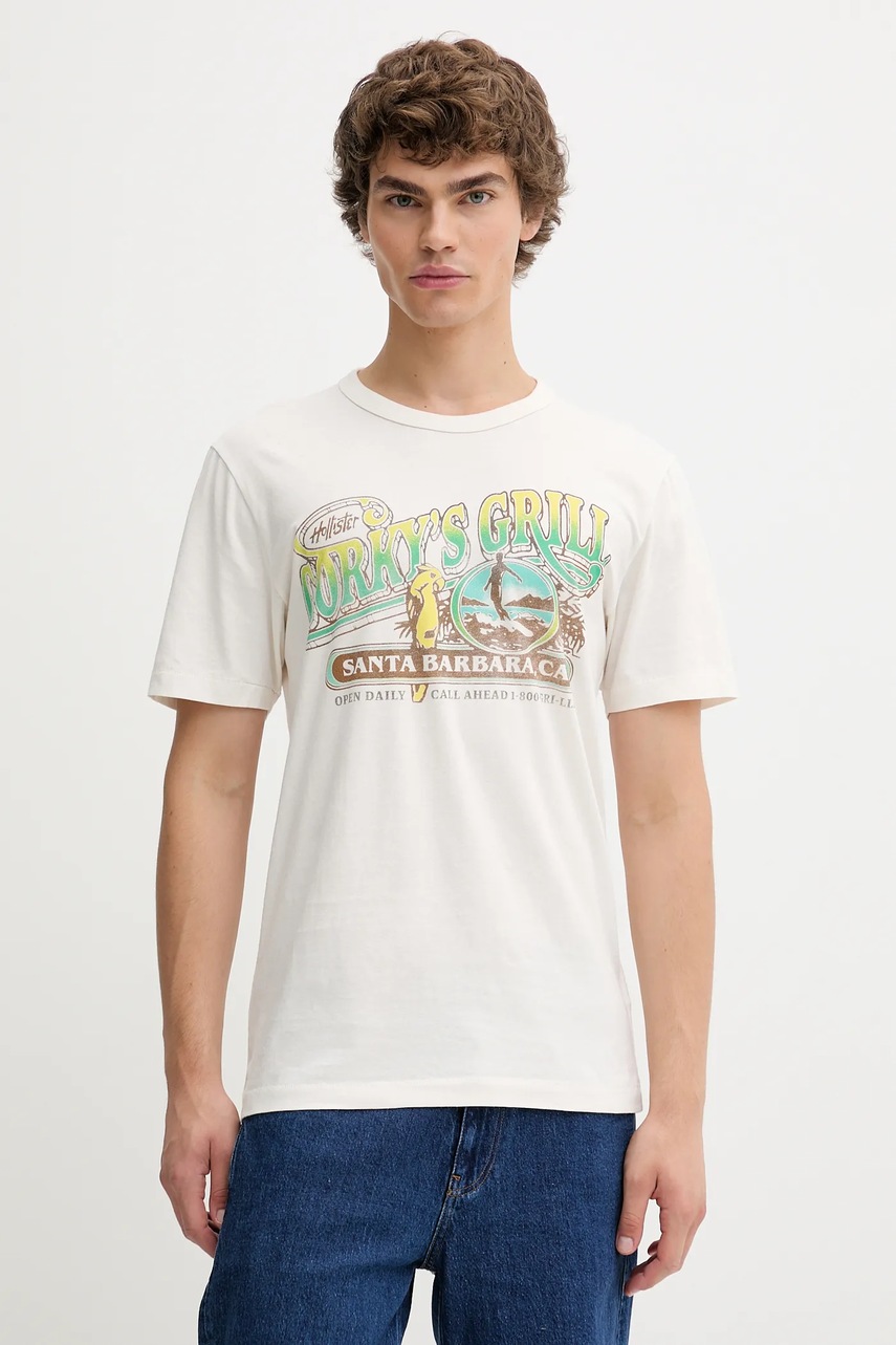 Hollister Co. tricou din bumbac culoarea bej, cu imprimeu, KI323-5305