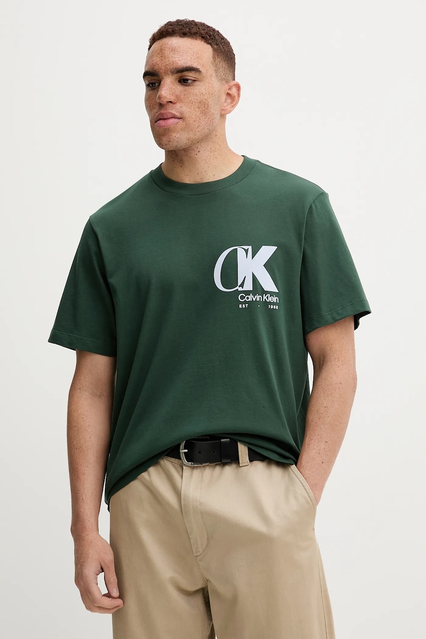 Levně Bavlněné tričko Calvin Klein pánské, zelená barva, s potiskem, LV04RD823G