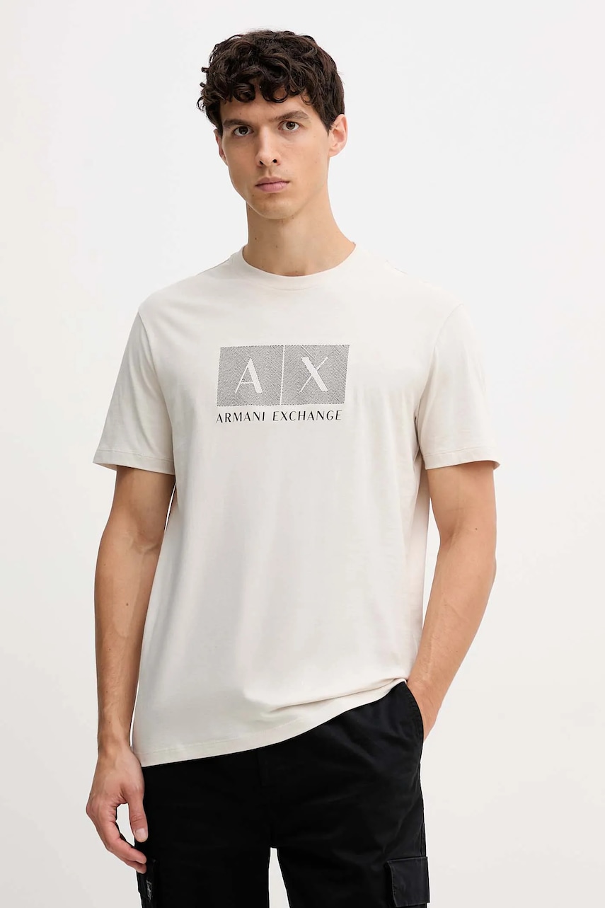 Armani Exchange tricou din bumbac culoarea bej, cu imprimeu, XM001463 AF10356