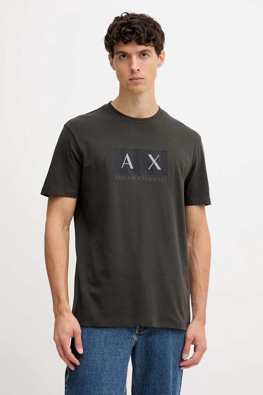 Armani Exchange tricou din bumbac culoarea maro, cu imprimeu, XM001463 AF10356