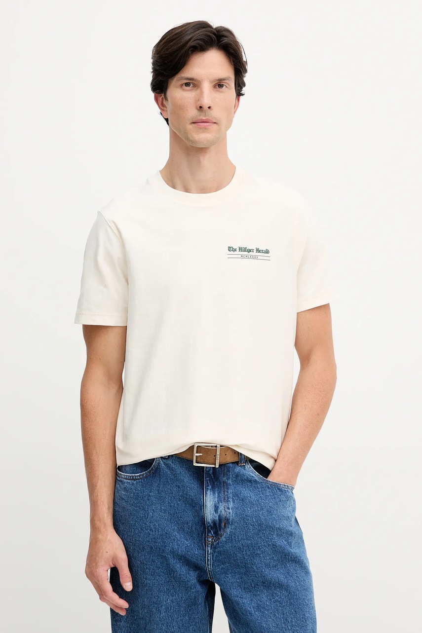 Levně Bavlněné tričko Tommy Hilfiger pánské, béžová barva, s potiskem, MW0MW40008