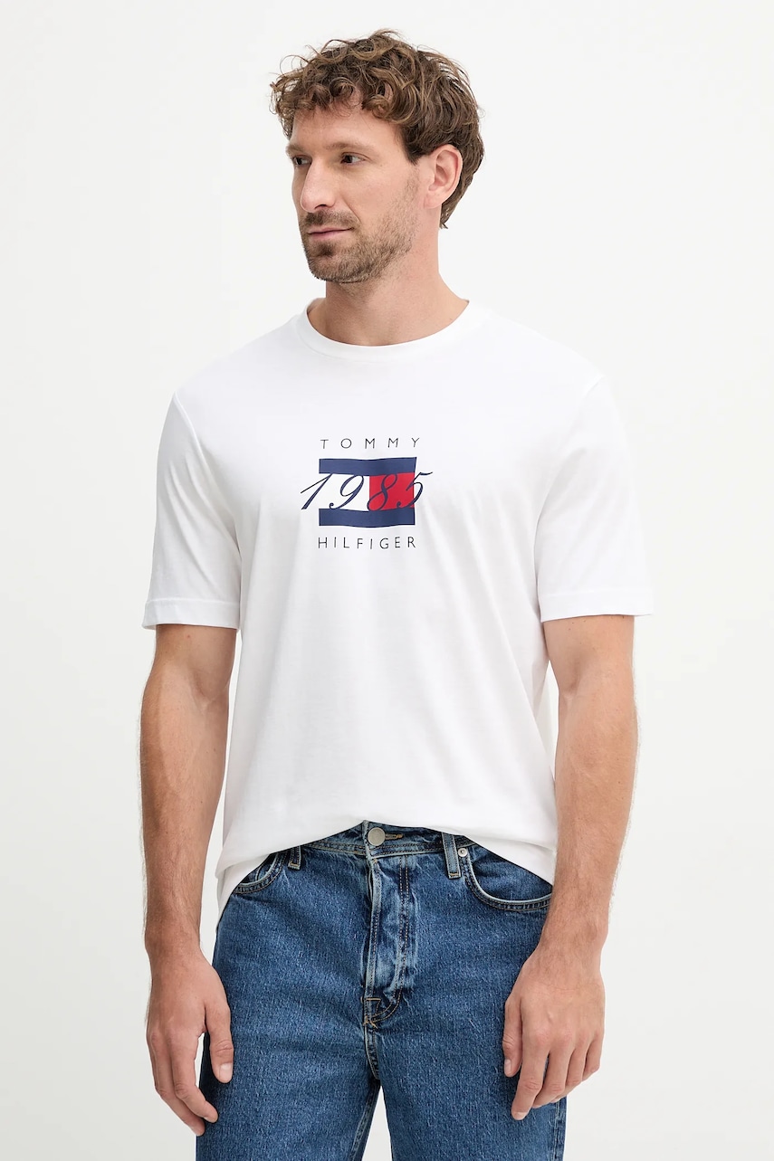 Levně Bavlněné tričko Tommy Hilfiger pánské, bílá barva, s potiskem, MW0MW41338