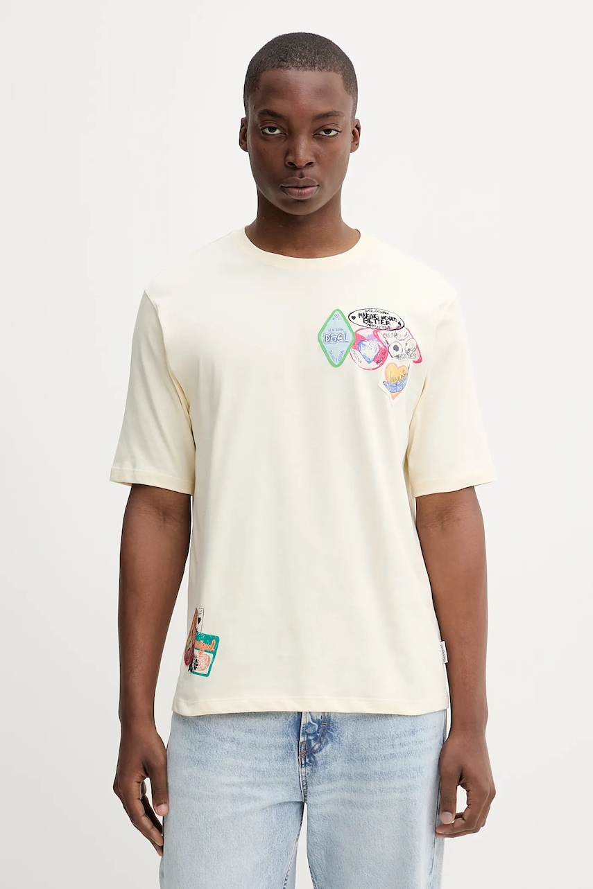 Desigual tricou din bumbac BCN culoarea bej, cu imprimeu, 25WMTK11