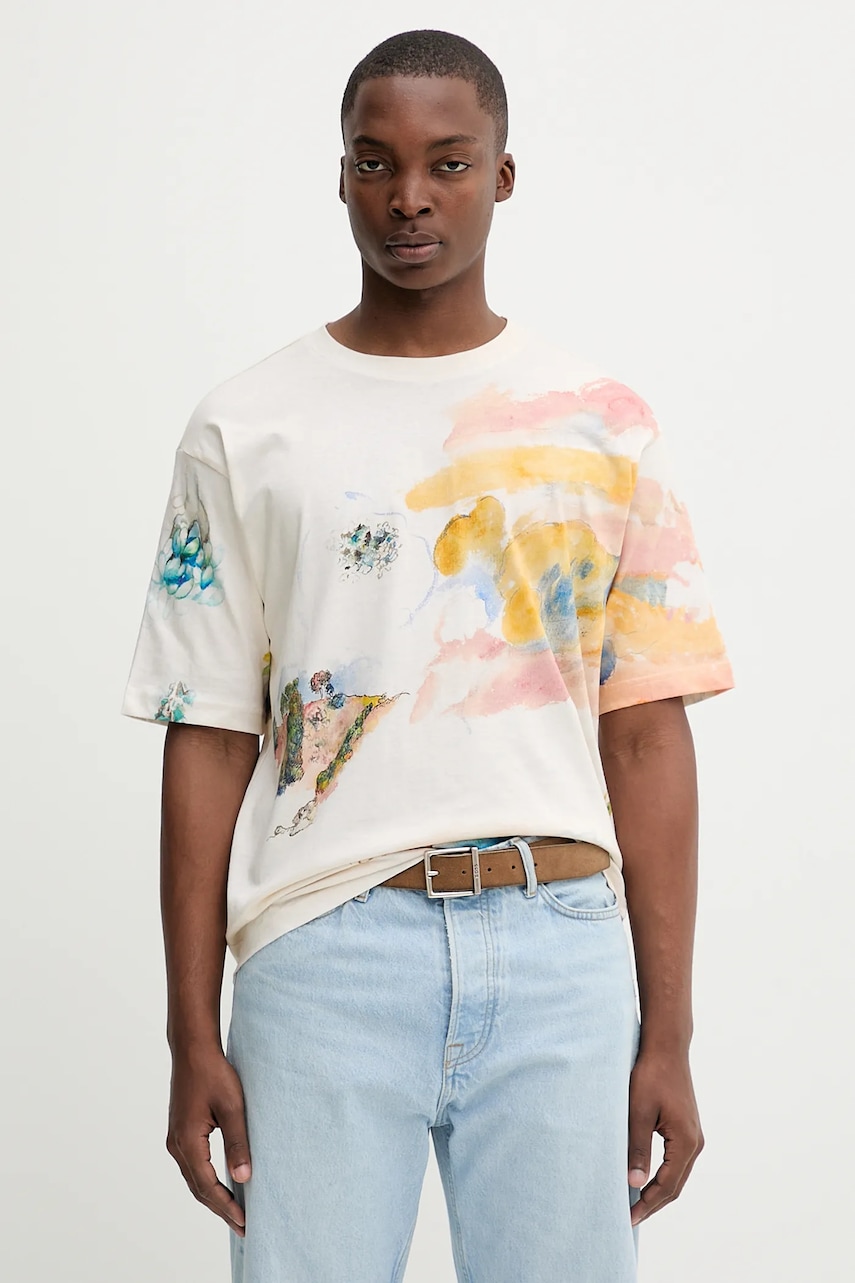 Desigual tricou din bumbac HELSINKI culoarea bej, cu imprimeu, 25WMTK15