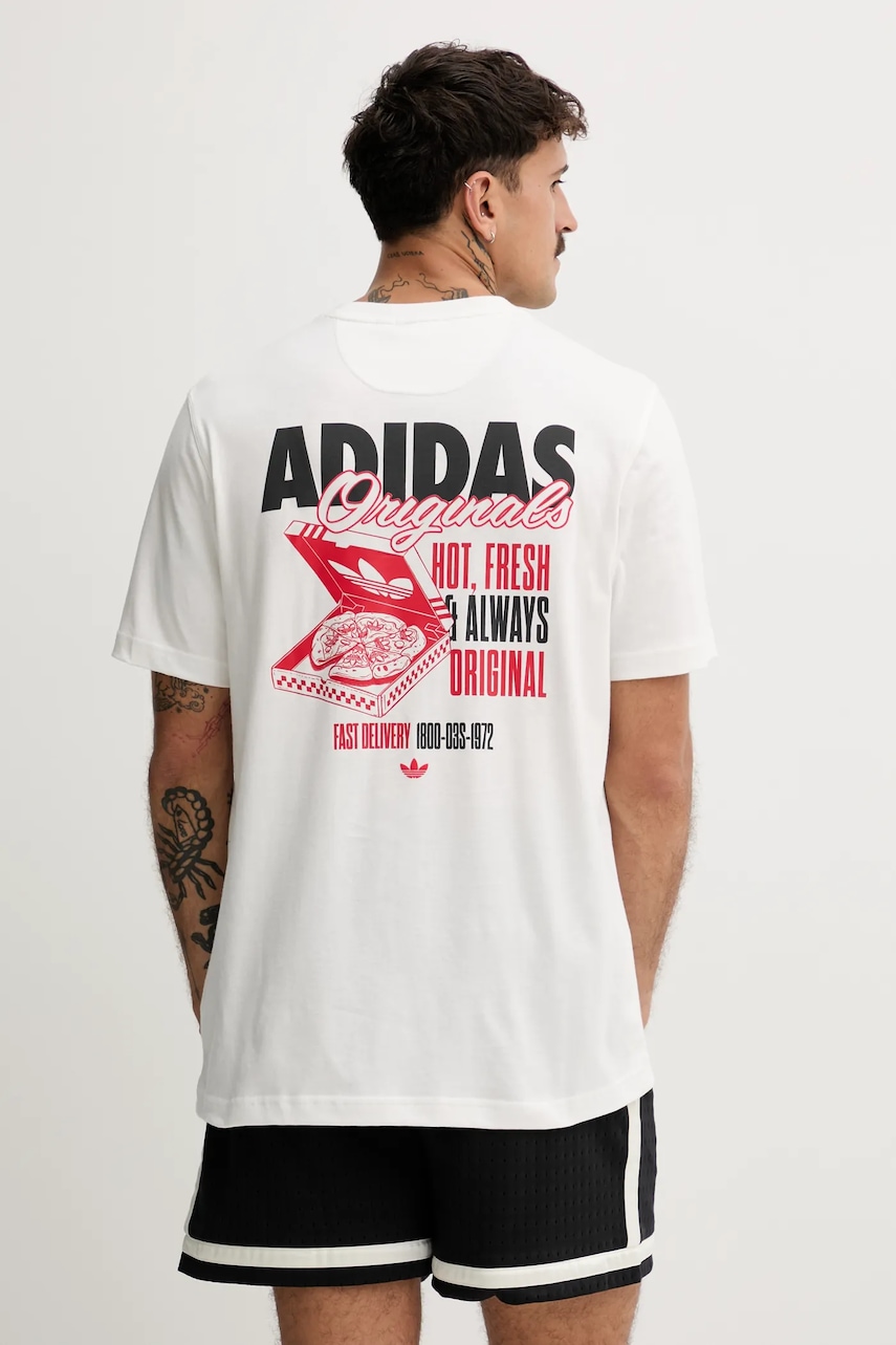 adidas Originals tricou din bumbac Pizza Box Tee culoarea alb, cu imprimeu, HY2073
