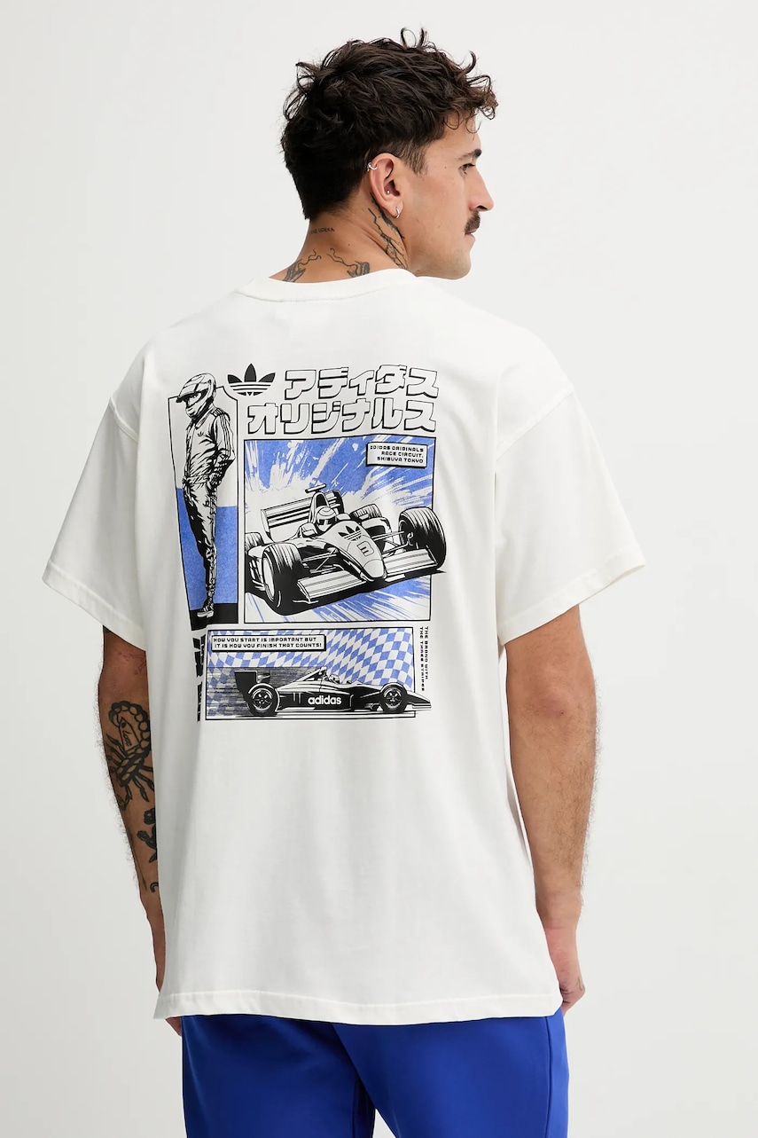 adidas Originals tricou din bumbac JP Racing Manga culoarea bej, cu imprimeu, HY2085
