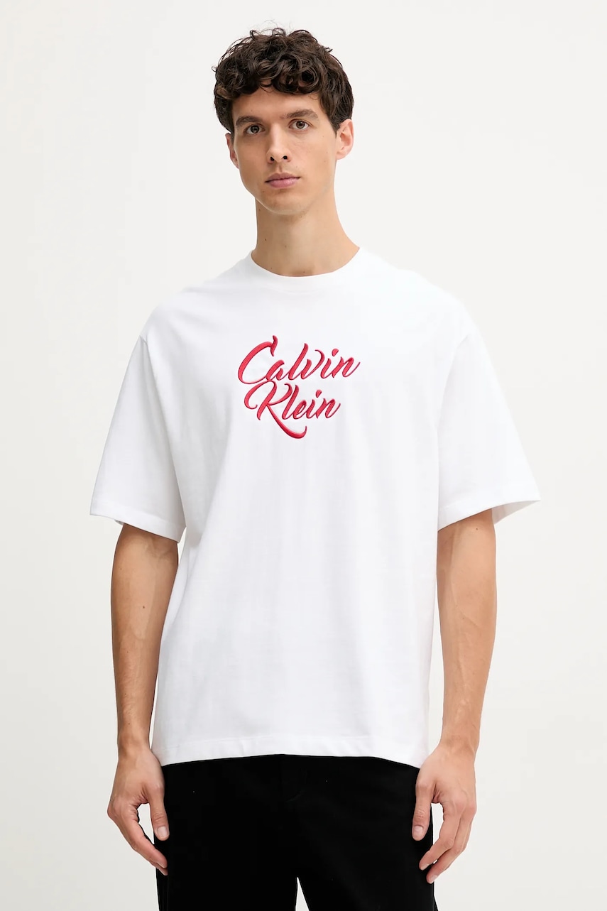 Levně Bavlněné tričko Calvin Klein Jeans pánské, bílá barva, s aplikací, LV04RD801G