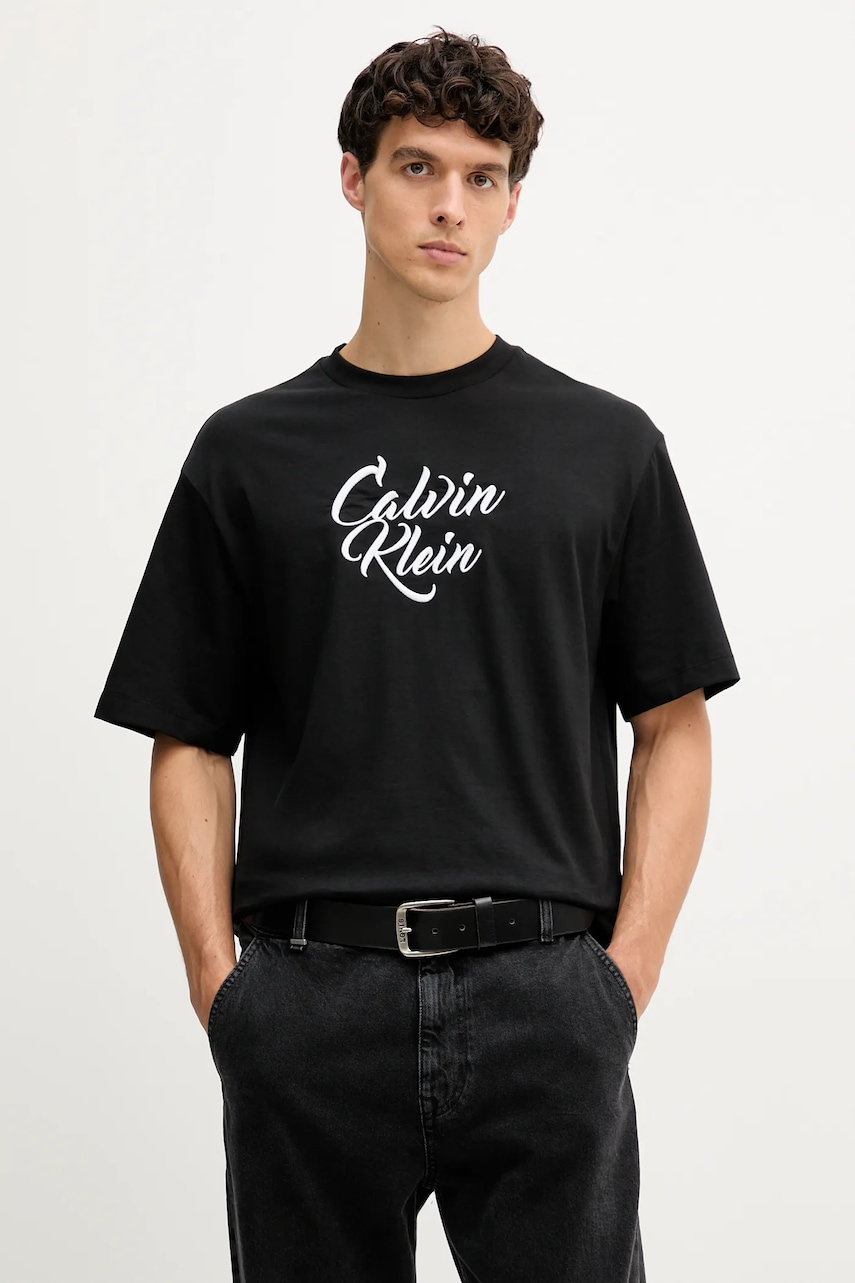 Levně Bavlněné tričko Calvin Klein Jeans pánské, černá barva, s aplikací, LV04RD801G