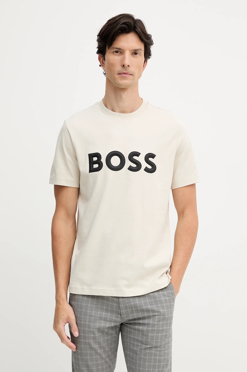 BOSS Green tricou din bumbac culoarea bej, cu imprimeu, 50548411
