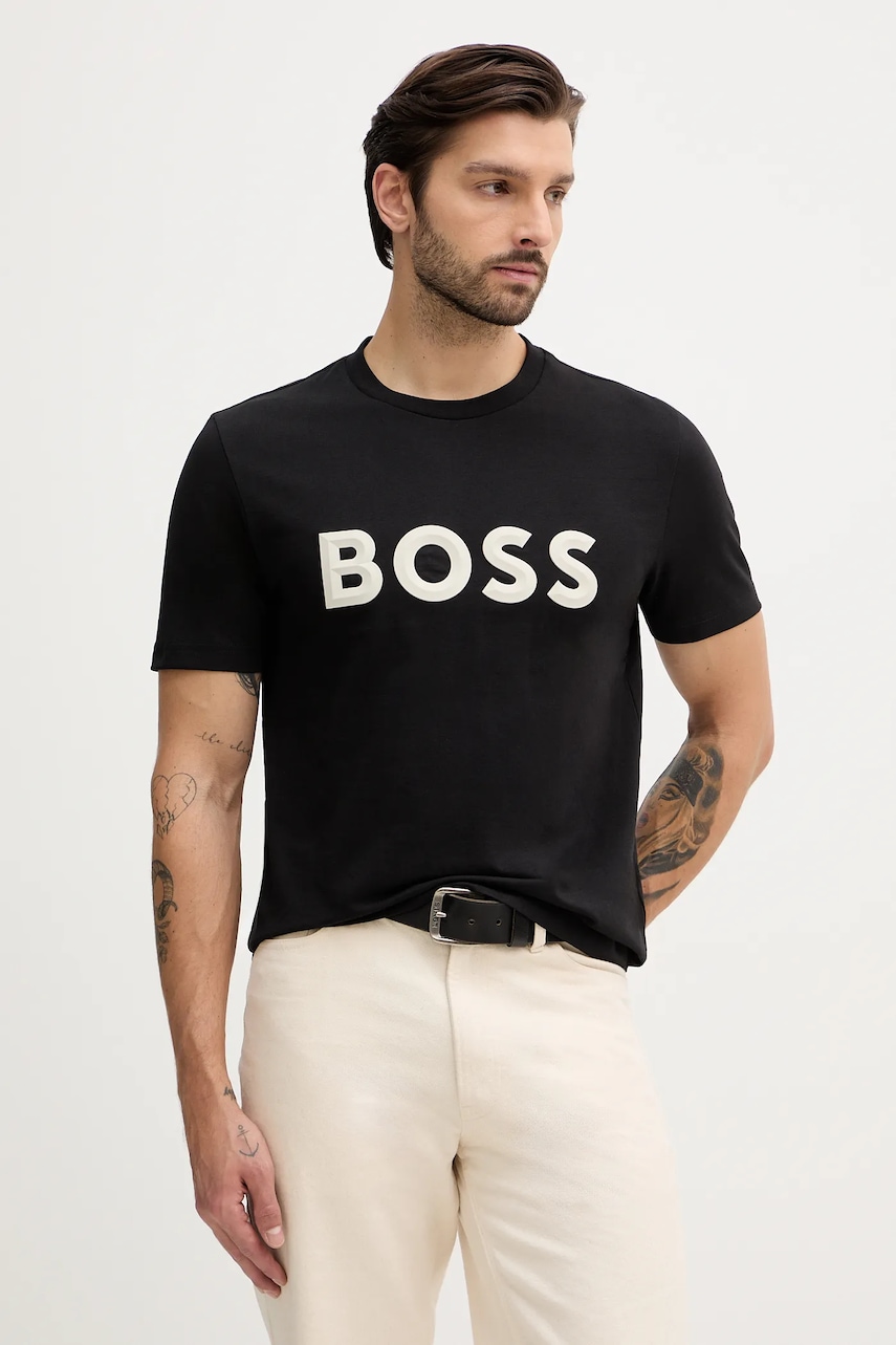 BOSS Green tricou din bumbac culoarea negru, cu imprimeu, 50548411