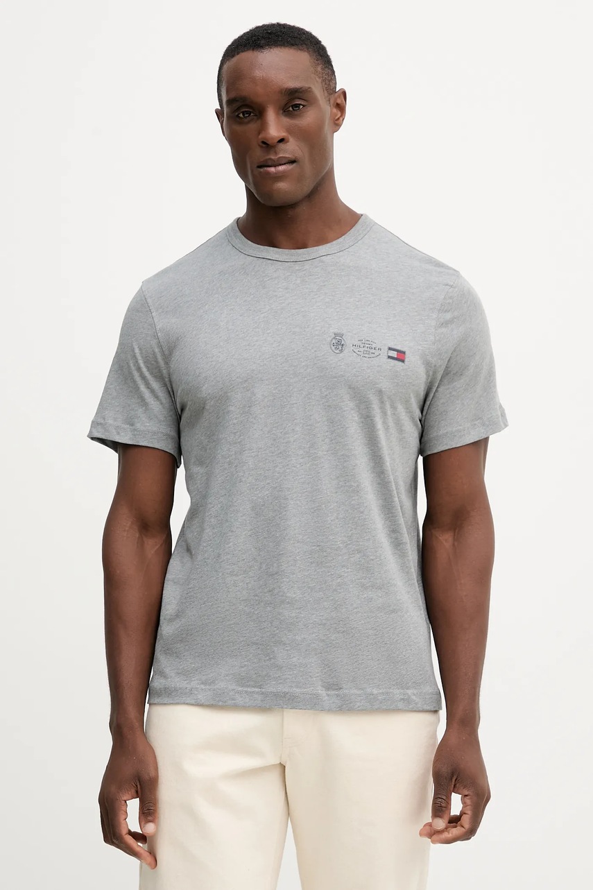 Levně Bavlněné tričko Tommy Hilfiger pánské, šedá barva, MW0MW40011