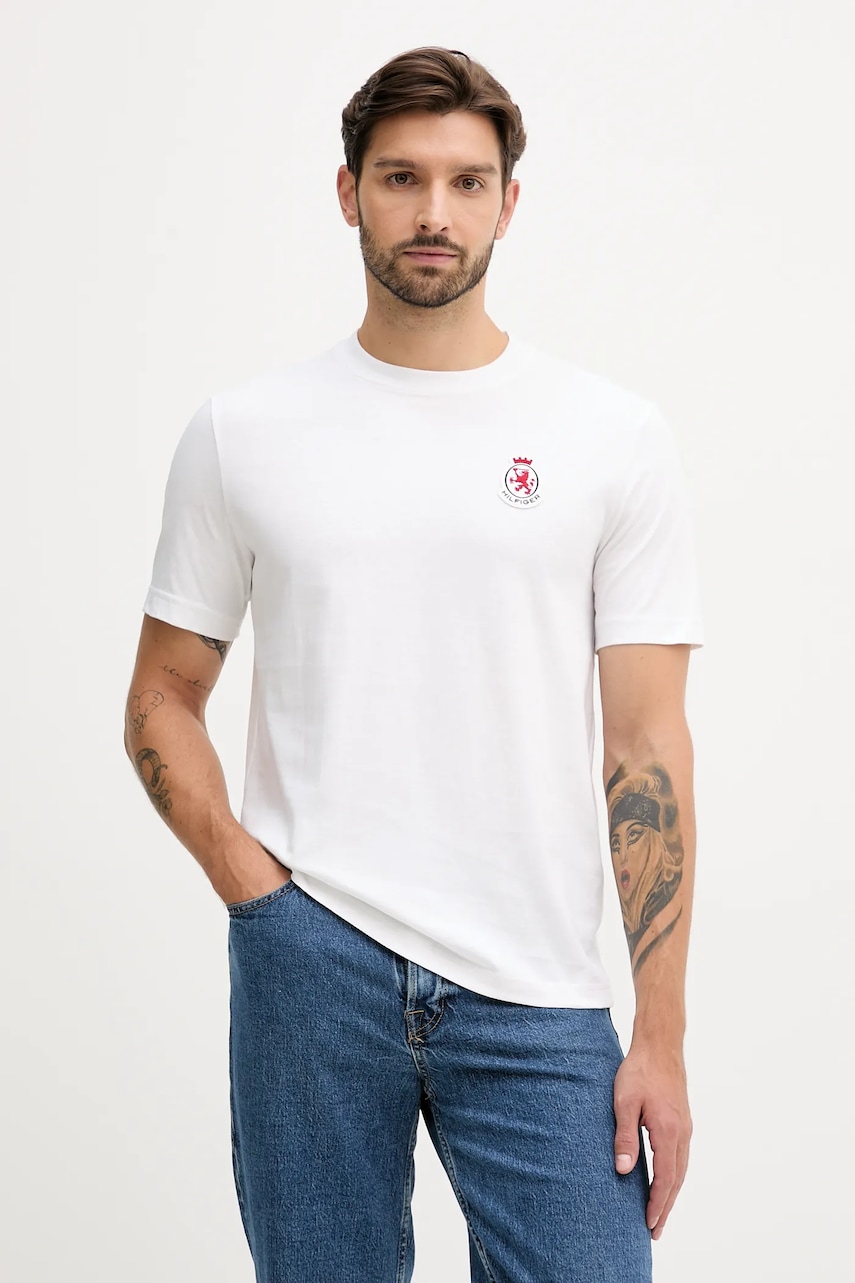 Levně Bavlněné tričko Tommy Hilfiger pánské, bílá barva, s aplikací, MW0MW40024