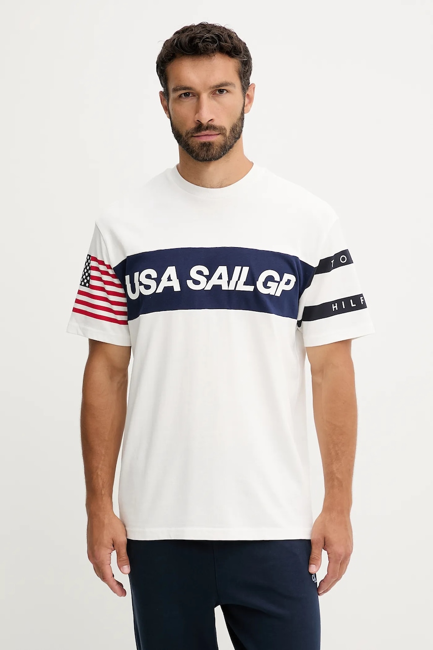 Levně Bavlněné tričko Tommy Hilfiger x SAIL GP pánské, béžová barva, s potiskem, MW0MW41418