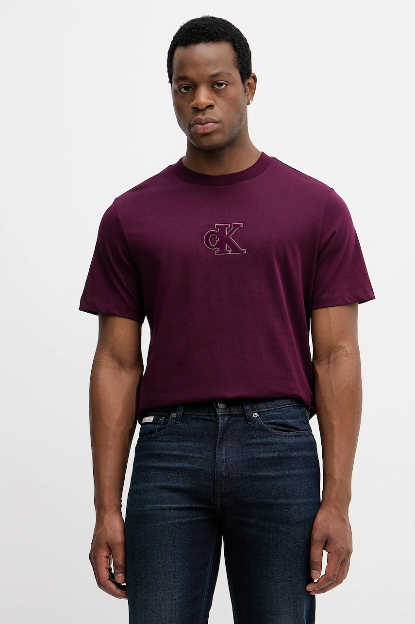 Levně Bavlněné tričko Calvin Klein Jeans pánské, fialová barva, s aplikací, LV04RD253G