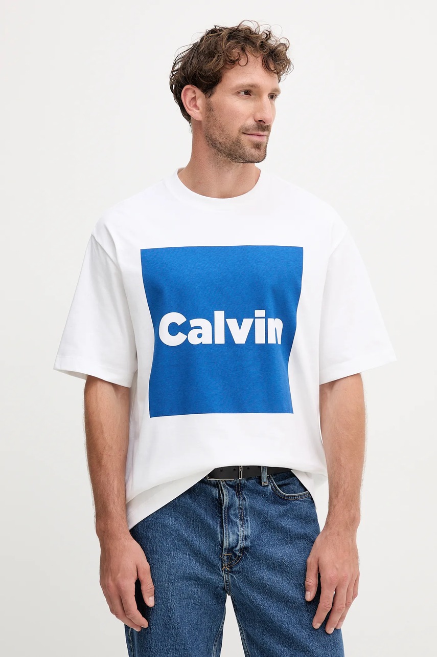 Levně Bavlněné tričko Calvin Klein Jeans pánské, bílá barva, s potiskem, LV04RD813G